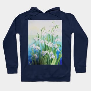 Snowdrops watercolour painting with a blue background. Hoodie